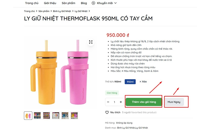 thêm giỏ hàng sản phẩm chai bình nước