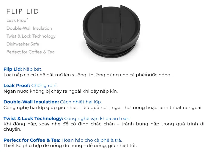 Bình giữ nhiệt tiếng Anh là gì? Giải nghĩa các từ ngữ, thuật ngữ mô tả 5 Học tiếng anh qua Nắp ly Simple Modern