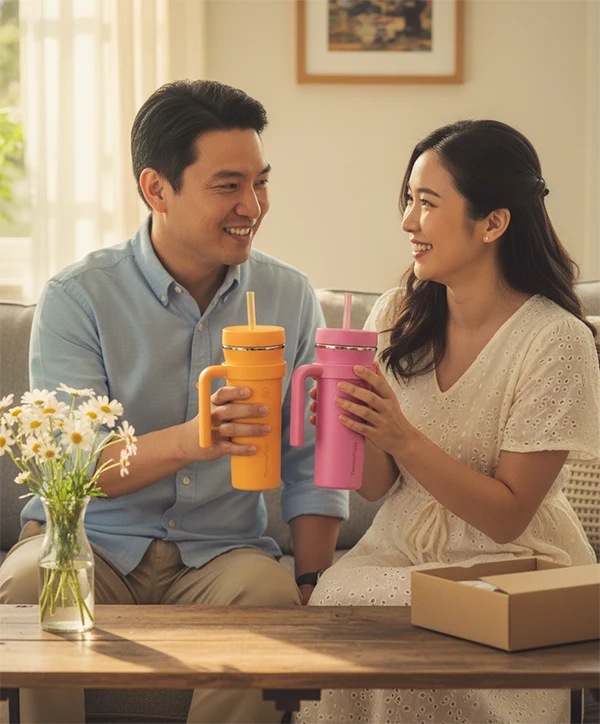 Cặp ly giữ nhiệt ThermoFlask 950ml có tay cầm Quà 20-10 cho vợ hoặc người yêu2